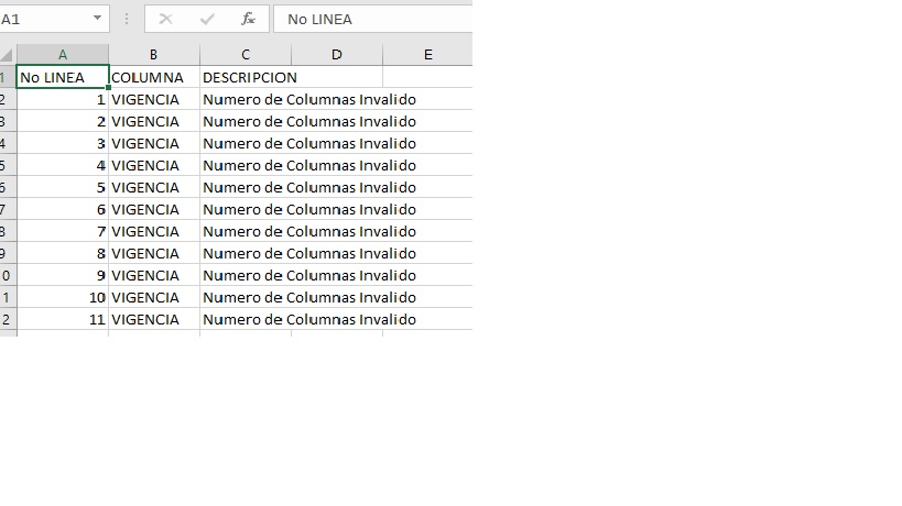 Error Vigencia numero de columnas invalido